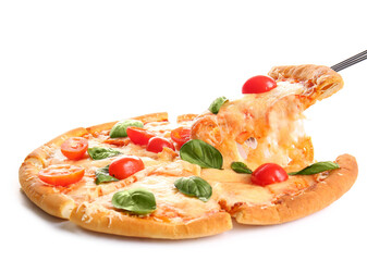 Tasty pizza margarita on white background