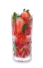 Glass of fresh strawberry mojito isolated on white background