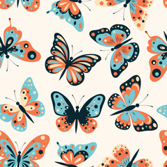 Vector Seamless Pattern with Flat Butterflies. Multicolored Butterflies with Different Wings. Decorative Design Element, Seamless Print. Vector illustration