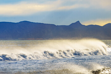 Sea waves forming white foam on sunny day.