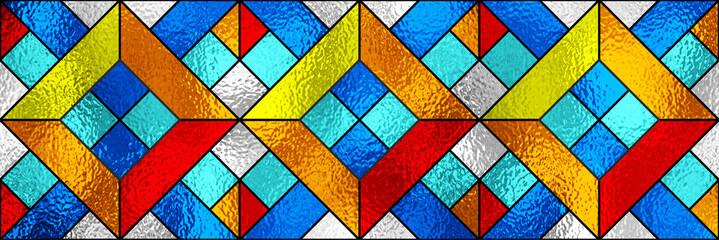 Stained glass window. Seamless abstract colorful stained-glass background. Art Deco geometric decor for interior. Vintage pattern. Transparency. Multicolor template for design luxury modern interior.