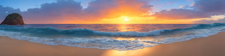 Panorama of a sunset over the ocean with waves crashing on the shore and a lone rock in the water. Seascape illustration with sand beach, cloudy sky and setting sun. Generative AI