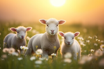 Fototapeta premium cute little lambs with sheep on fresh green meadow during sunrise Newborn lambs in flower field, cute summer landscape | Generative AI
