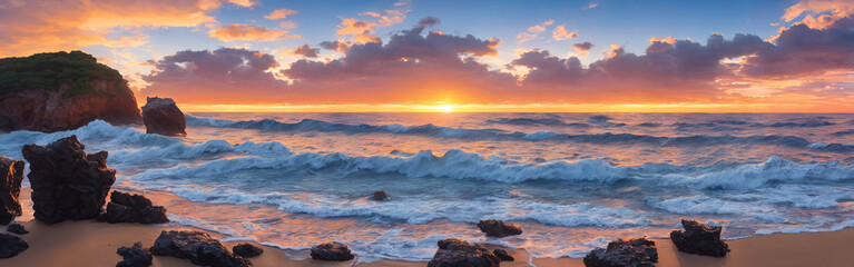 Fototapeta na wymiar Panorama of a sunset over the ocean with waves crashing on the shore, rocks in the water, big stones in the foreground. Seascape illustration with sand beach, cloudy sky and setting sun. Generative AI