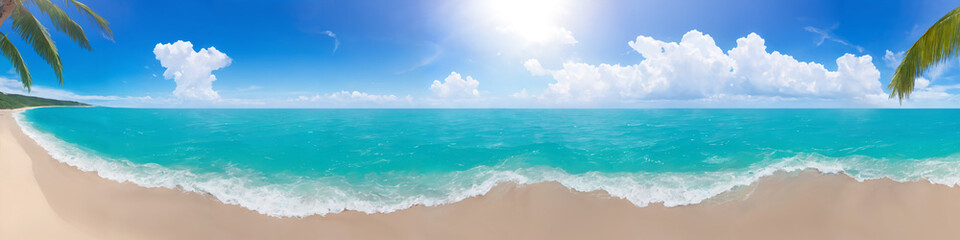Fototapeta premium Panorama of ocean beach on a sunny day with waves crashing on the shore. Seascape illustration with sand beach, turquoise water, sun and sky with clouds. Generative AI