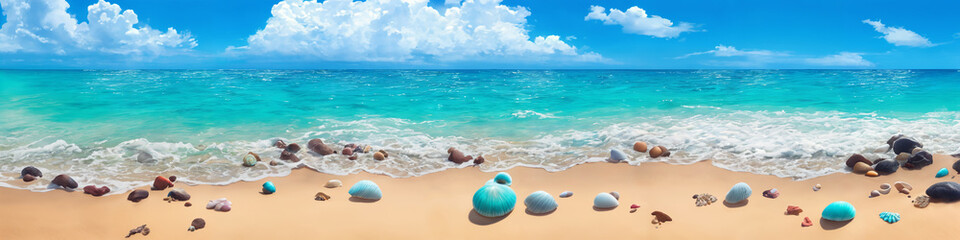 Obraz na płótnie Canvas Panorama of ocean beach on a sunny day with many shells and sea stones. Seascape illustration with sand beach, turquoise water and sky with white clouds. Generative AI