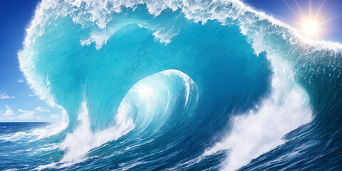 Gigant ocean wave on a sunny day. Seascape illustration with stormy sea, turquoise water, sun and blue sky. Generative AI