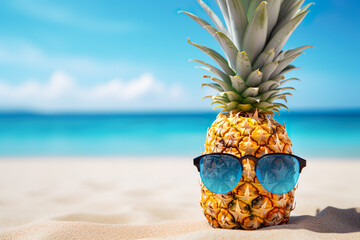 Summer concept funny Pineapple fruit with sunglasses on beach sand against turquoise caribbean sea...