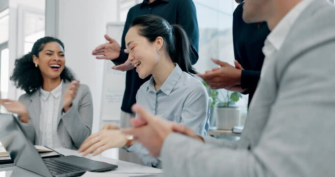 Teamwork, applause and professional in meeting asian woman in boardroom for collaboration with congratulations. Business, people and clapping for female employee or support or achievement in startup.