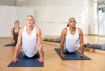 Focused man exercising yoga with group of young adult sporty people in studio