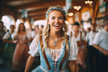 Oktoberfest waitress having fun and dancing at a beer festival event wearing a traditional costume - obrazy, fototapety, plakaty