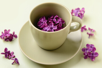 Cup with beautiful lilac flowers on beige background, closeup