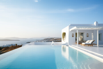 Large luxury beachside villa with a pool overlooking sea and a blue sky.