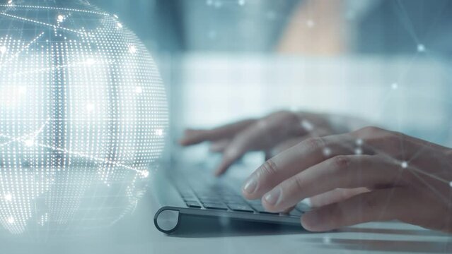 Businessman is using a pc keyboard. Digital data and worldwide global internet network connection. International business finance exchange and transportation concept. Blockchain p2p technology