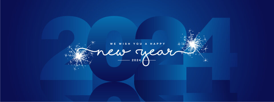 We wish you Happy New Year 2024, modern design, white new updated handwritten lettering with blue 2024 year mirrored shadow in background and sparkler firework