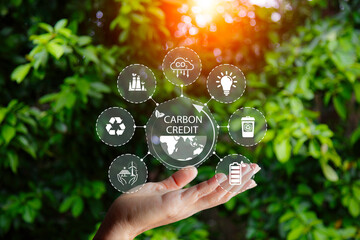 Carbon Credit Market. Carbon credit icon in hand on green leaf background. Icon energy and...
