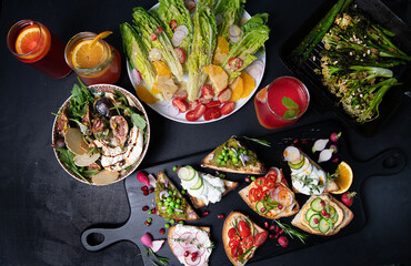 Summer spread - salad, open sandwich and grilled veggies 