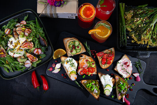 Summer spread - salad, open sandwich and grilled veggies 