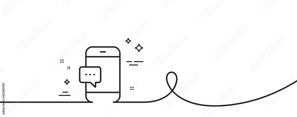 Poster smartphone message icon. continuous one line with curl. cellphone or phone messenger sign. communica