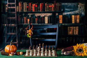 retro looking library with chess set and autumn decorations