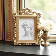 Mockup frame, Vintage elegance captured in a detailed photo frame on an antique side table, oozing old-world charm and sophistication. Generative AI