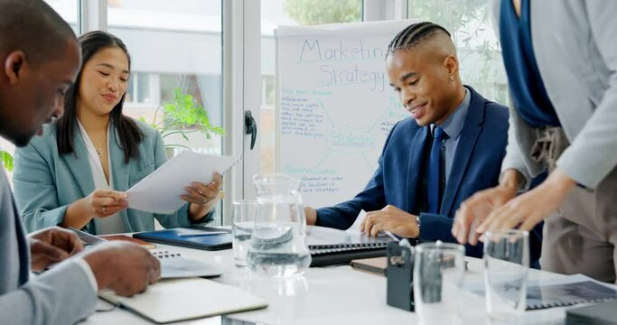 Business analyst, meeting and people with paperwork for collaboration, planning or discussion in company office. Group teamwork, corporate employees and documents for report, proposal or information