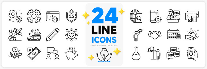 Icons set of Calendar, Brand ambassador and Food delivery line icons pack for app with Dating, Teamwork question, Download app thin outline icon. Ph neutral, Saving money. Design with 3d stars. Vector