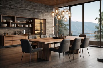 Bright spacious dining room with wooden big table. ai generative