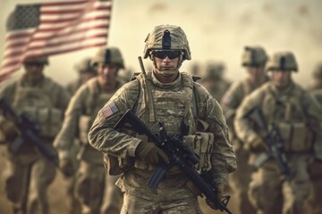 Portrait of an American soldier in the ranks with selective focus. AI generated, human enhanced - Powered by Adobe