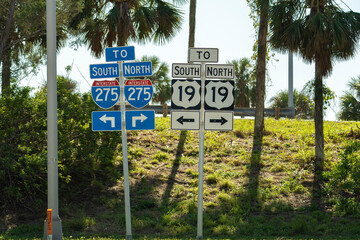 Blue direstional road sign indicating direction to I-275 freeway interstate highway serving the...