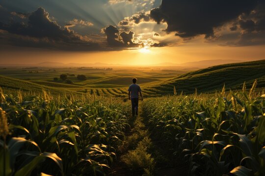  A farmer walking through a corn field at dawn. A grain silo in the distance depicts rural life and agriculture. Generative AI. 
