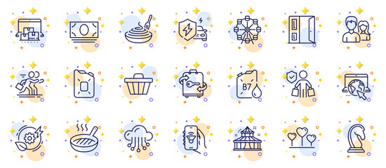 Outline set of Circus, Car charging and Shop cart line icons for web app. Include Ferris wheel, Ð¡ompetition, Marketing strategy pictogram icons. Teamwork, Diesel canister, Open door signs. Vector