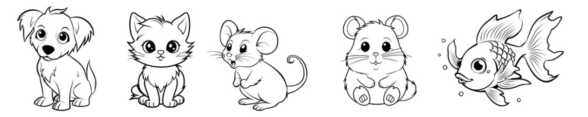 Pet animals - cute Dog puppy, Cat kitten, Mouse, Hamster and Fish, simple thick lines kids or children cartoon coloring book pages. Clean drawing can be vectorized to illustration. Generative AI