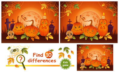 Cute Halloween holiday pumpkin light lanterns, find 10 difference education children game. Funny monster characters, spooky spider, skull. Night cemetery. Search match. Kid logic learning task. Vector
