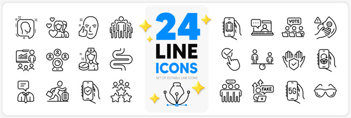 Icons set of Couple, Intestine and Friends chat line icons pack for app with Dirty mask, Security app, Delivery app thin outline icon. Healthy face, Business meeting, Employees group pictogram. Vector