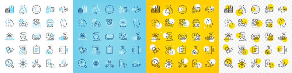 Vector icons set of Networking, Currency exchange and Bribe line icons pack for web with No card, Cash back, Auction hammer outline icon. Finance, Cut tax, Currency audit pictogram. Vector