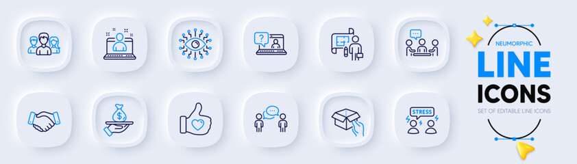 Faq, Consulting business and Difficult stress line icons for web app. Pack of Artificial intelligence, Teamwork, Best manager pictogram icons. Hold box, Like hand, Plan signs. Vector