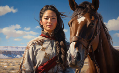 Fototapeta premium Native American Indian woman standing next to her horse