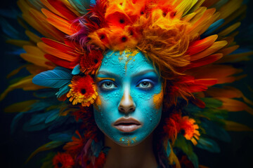 Model with Exotic Painted Face wearing Colorful Floral Headdress