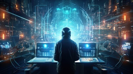 Depict a skilled cyberpunk hacker in a futuristic setting, surrounded by holographic interfaces, intricate code, and virtual reality elements