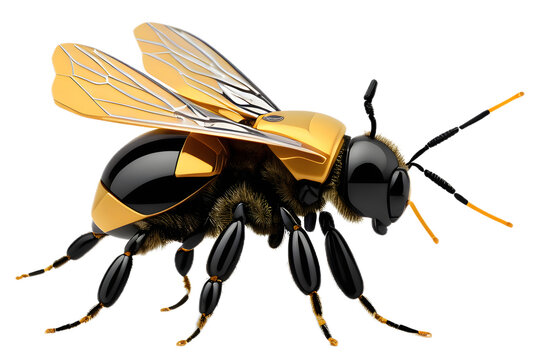 Amazing robotic bee, isolated on transparent background, macro, incredible pollinator. A symbol of the work performed by artificial intelligence. A hard working, tireless assistant. Generative AI
