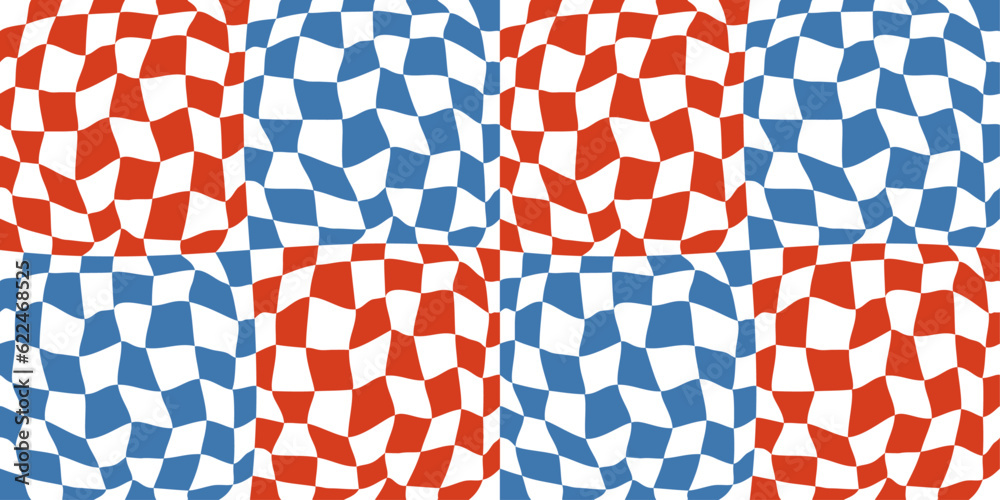 Poster Checkerboard pattern, like a racing flag. Checkered blocks from checkered patterns. Red and blue checkered blocks.