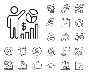 Search engine optimization sign. Salaryman, gender equality and alert bell outline icons. Seo statistics line icon. Analytics chart symbol. Seo statistics line sign. Vector