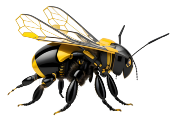 Amazing robotic bee, isolated on transparent background, macro, incredible pollinator. A symbol of the work performed by artificial intelligence. A hard working, tireless assistant. Generative AI
