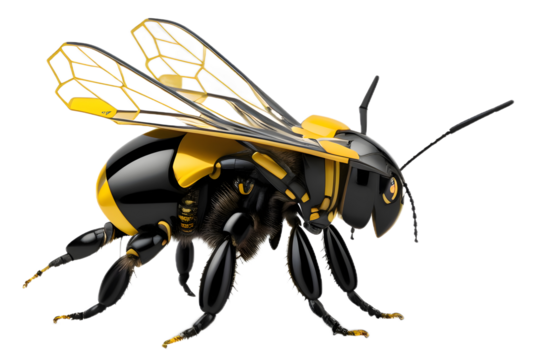 Amazing robotic bee, isolated on transparent background, macro, incredible pollinator. A symbol of the work performed by artificial intelligence. A hard working, tireless assistant. Generative AI