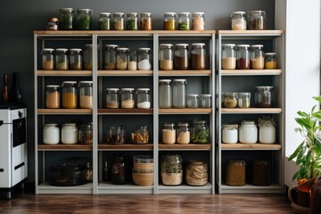 kitchen with an organized and stylish pantry with glass jerry cans and metal containers. ai generative
