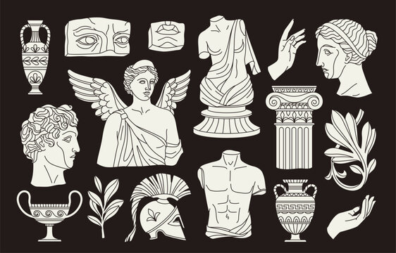 Ancient Greek sculptures set. Antique statues, plants and vases in line art style. Classical columns and Olympus gods. Trendy icons for tattoo design. Linear flat vector isolated on black background