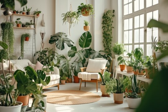 Sunny spacious room with high windows and lush greenery inside. green home greenhouse. Generative AI. High quality photo