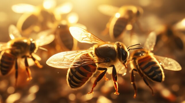 A group of bees that are standing in the dirt. Generative AI image.