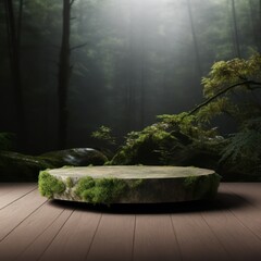 a round wooden podium in a mossy forest